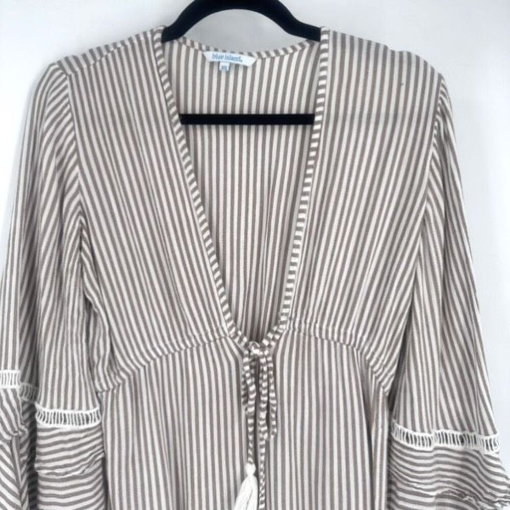 Blue island Womens Striped Pullover Beach Dress Coverup Ruffle Size XS Tan White - Picture 2 of 10